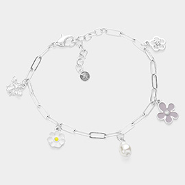 Pearl Enamel Flower Metal Honey Bee Charm Station Bracelet