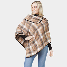 Plaid Check Patterned Coconut Button Poncho