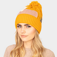 Patch Fleece Pom Pom Beanie Hat