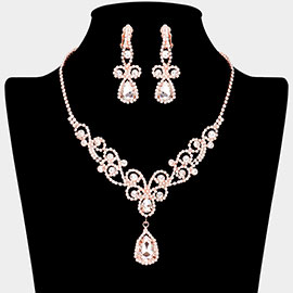 Teardrop Crystal Rhinestone Vine Drop Collar Necklace Clip on Earring Set