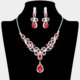 Teardrop Crystal Rhinestone Vine Drop Collar Necklace Clip on Earring Set