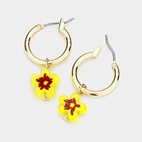 Patterned Flower Dangle Metal Hoop Pin Catch Earrings