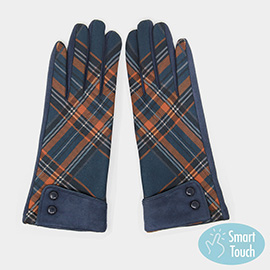 Classic Checkered Button Accented Cuff Smart Gloves