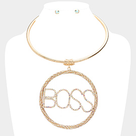 BOSS Rhinestone Embellished Message Open Circle Pendant Necklace