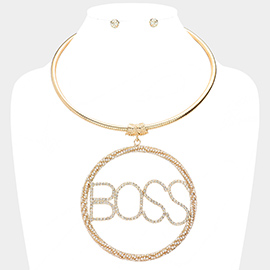 BOSS Rhinestone Embellished Message Open Circle Pendant Necklace