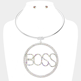 BOSS Rhinestone Embellished Message Open Circle Pendant Necklace