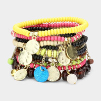 10PCS - Metal Disc Charm Wood Multi Beaded Stretch Bracelets