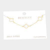 Gold Dipped CZ Triple Quatrefoil Charm Station Bracelet