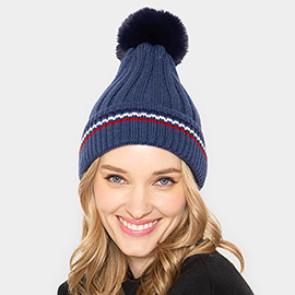 Stripe Pointed Faux Fur Pom Pom Knit Beanie Hat