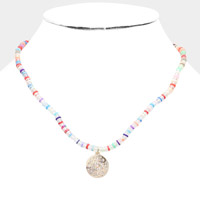 Evil Eye Accented Rhinestone Embellished Round Pendant Beaded Necklace