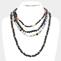 Multi Layered Wood Heishi Beaded Bib Necklace