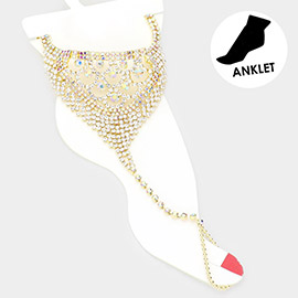 Round Stone Accented Rhinestone Net Toe Ring Evening Anklet