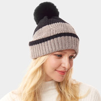 Colorful Lurex Accented Two Tone Knit Pom Pom Beanie Hat