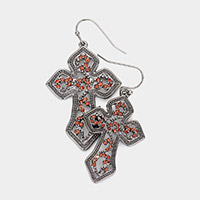 Rhinestone Embellished Metal Cross Dangle Earrings