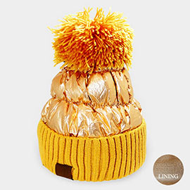 Fleece Lining  Puffer Knit Pom Pom Beanie Hat