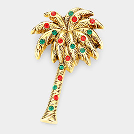 Stone Embellished Metal Palm Tree Pin Brooch / Pendant