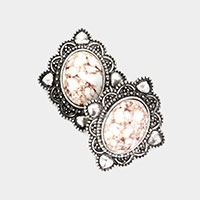 Oval Natural Stone Antique Metal Stud Earrings