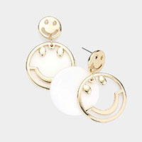 Metal Smile Resin Round Layered Dangle Earrings