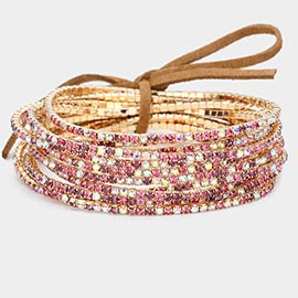 12PCS - Ribbon Colorful Rhinestone Layered Stretch Bracelets