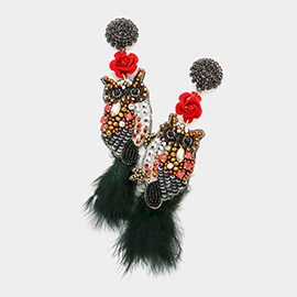 Flower Multi Beaded Feather Owl Link Dangle Earrings