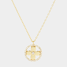 Gold Dipped CZ Centered Metal Quatrefoil Round Pendant Necklace