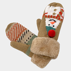 Snowman Printed Faux Fur Mitten Gloves