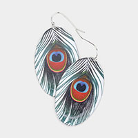 Feather Printed Metal Oval Dangle Earrings