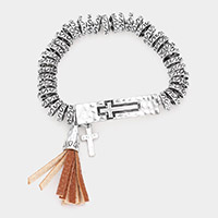 Embossed Cross Metal Bar Faux Leather Tassel Charm Stretch Bracelet