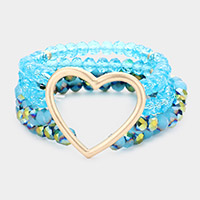 Open Metal Heart Accented Multi Layered Faceted Beaded Stretch Bracelet