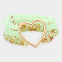 Open Metal Heart Accented Multi Layered Faceted Beaded Stretch Bracelet