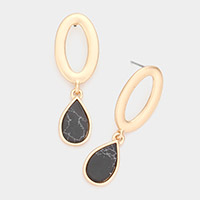 Open Metal Oval Natural Stone Teardrop Link Dangle Earrings