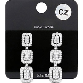 CZ Embellished Triple Rectangle Link Dangle Evening Earrings