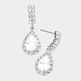 CZ Embellished Curved Bar Teardrop Link Dangle Evening Earrings