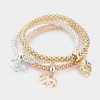 3PCS - Rhinestone Embellished Metal Elephant Charm Stretch Bracelets