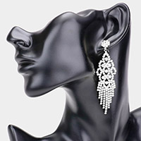 Round Stone Detailed Rhinestone Fringe Dangle Evening Earrings