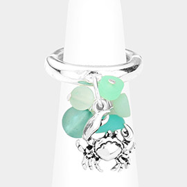 Sea Glass Metal Crab Dangle Stretch Ring