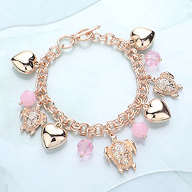 Rhinestone Embellished Turtle Metal Heart Charm Station Toggle Bracelet