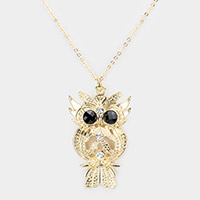 Stone Embellished Metal Owl Pendant Necklace