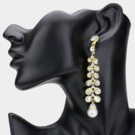 Stone Embellished Leaf Pearl Link Dangle Evening Earrings