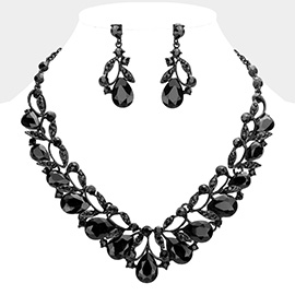 Teardrop Accented Stone Embellished Leaf Evening Necklace