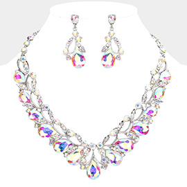 Teardrop Accented Stone Embellished Leaf Evening Necklace