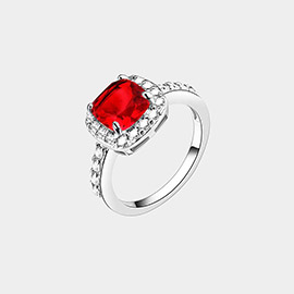 Rhodium Plated Square Cubic Zirconia Halo Statement Ring