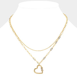 Rhinestone Embellished Open Metal Heart Pendant Double Layered Necklace