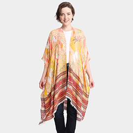 Leaf Patterned Cover Up Kimono Poncho