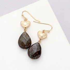 Metal Heart Teardrop Natural Stone Link Dangle Earrings