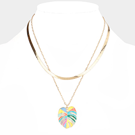 Enamel Tropical Leaf Pendant Double Layered Necklace