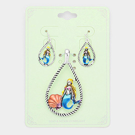 Enamel Mermaid Shell Accented Open Teardrop Pendant Set