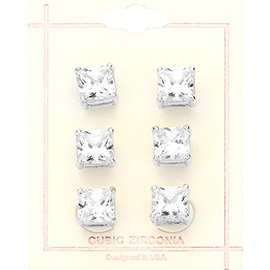 3Pairs - CZ Square Stone Stud Earrings