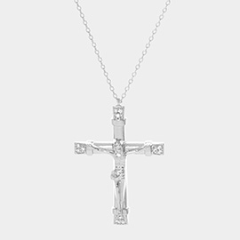 White Gold Dipped CZ Embellished Jesus death on the Cross Pendant Necklace