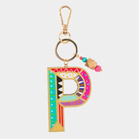 -P- Geometric Patterned Wood Monogram Keychain